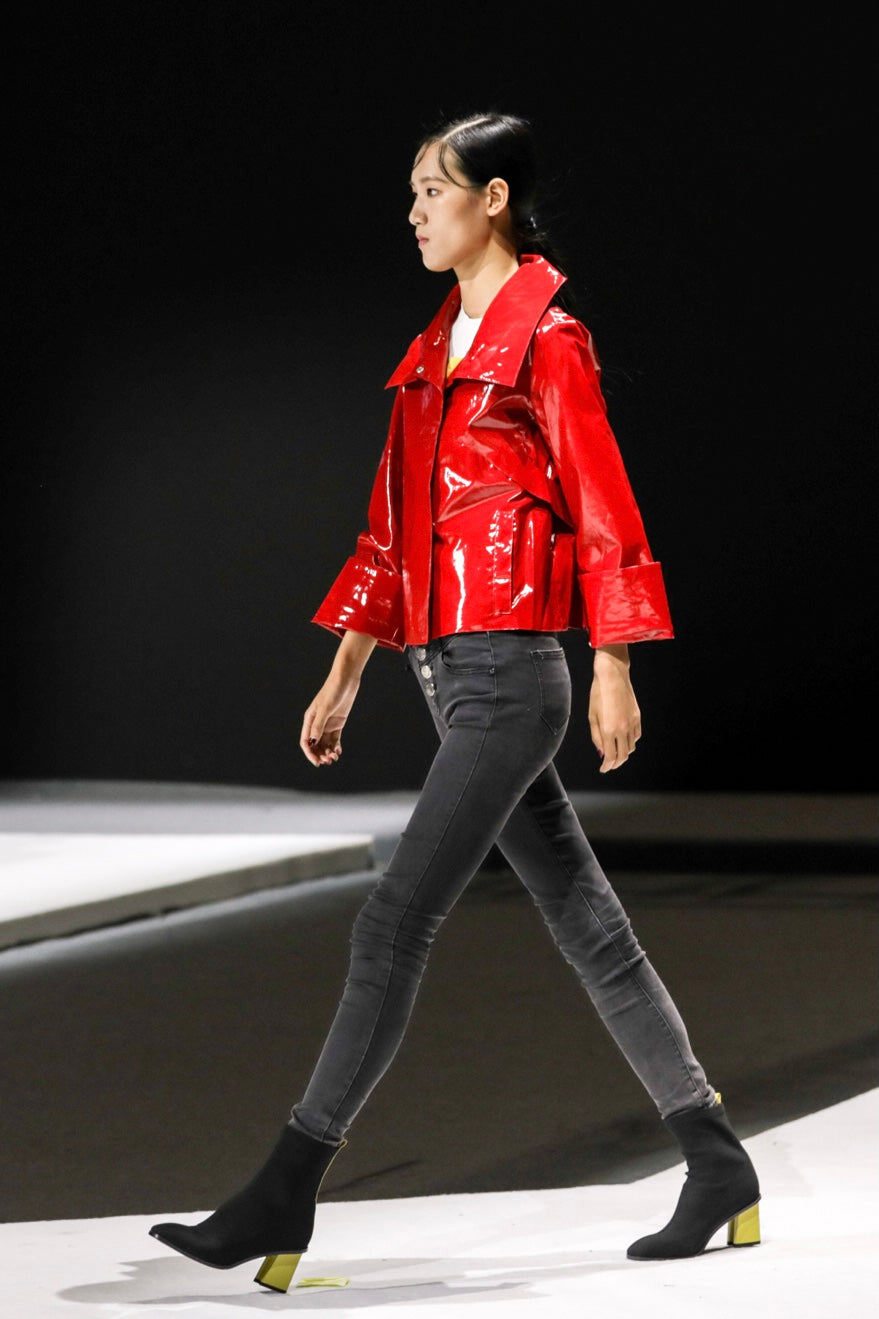 Audrey waterproof red vinyl jacket